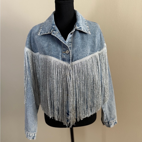 SHEIN Jackets & Blazers - Fringe Denim Jacket Western Cropped Light Wash Statement Coat